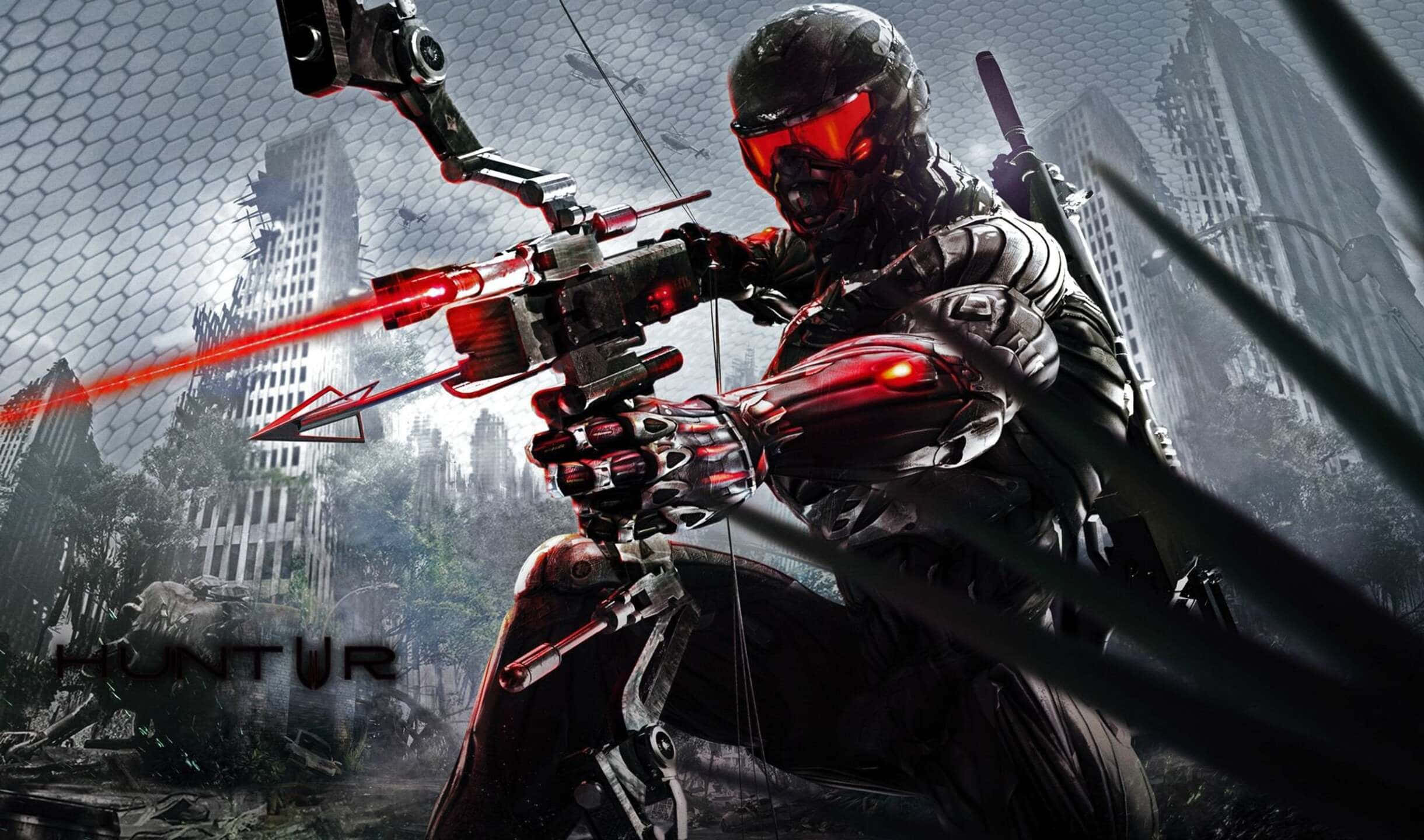 2440x1440 Crysis 3 桌布 壁紙 — 一名身穿紅色發光裝備的賽博格獵人，用帶有雷射瞄準器的未來弓瞄準廢墟城市的天際線。