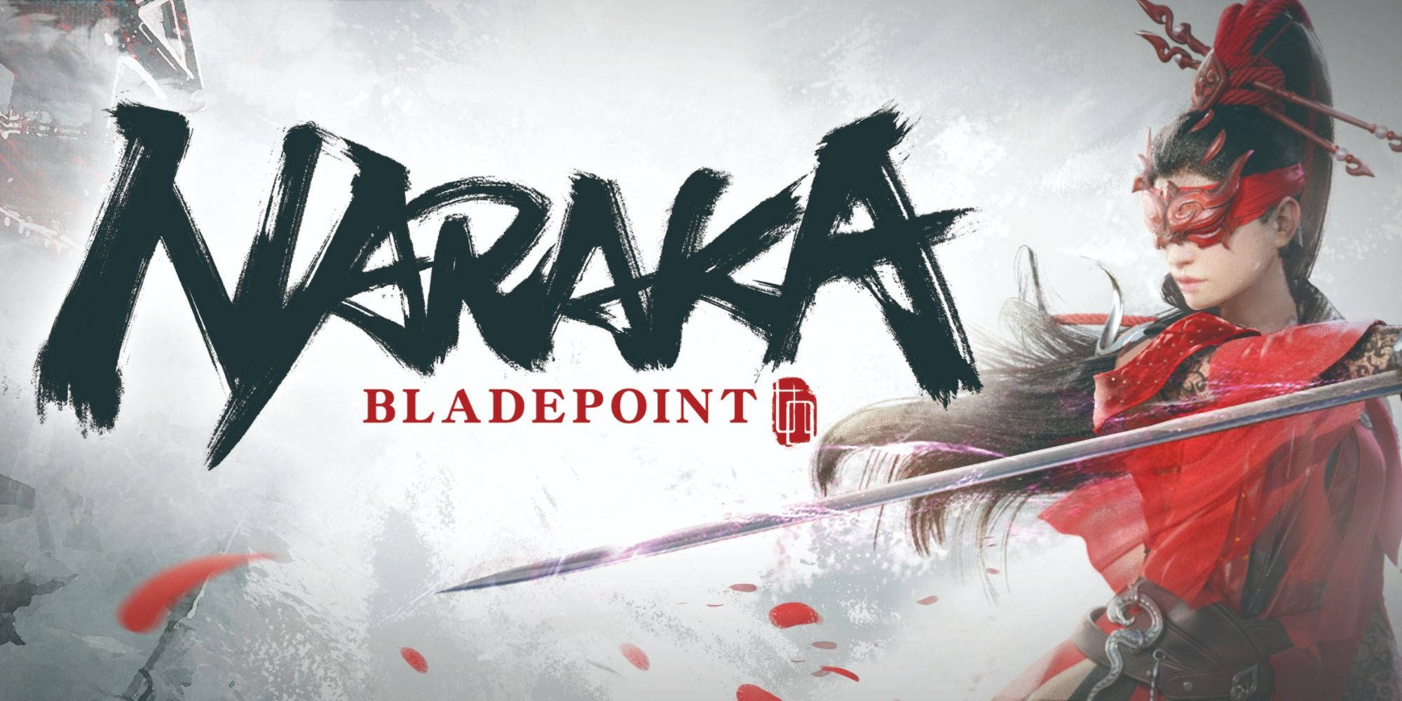 Naraka 桌布 壁紙 — 一名身穿紅色盔甲和面具的戰士在迷霧背景下揮舞劍，遊戲標題 Naraka Bladepoint 以粗體筆觸字體呈現。