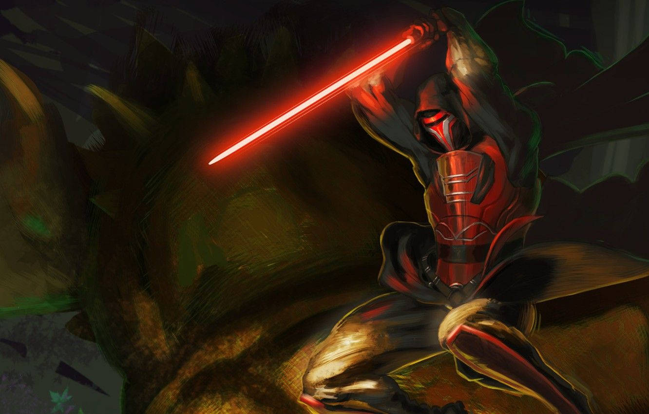 Revan 桌布 壁紙 — 一名身穿紅色盔甲的兜帽戰士在黑暗森林背景下揮舞著發光的紅色光劍。