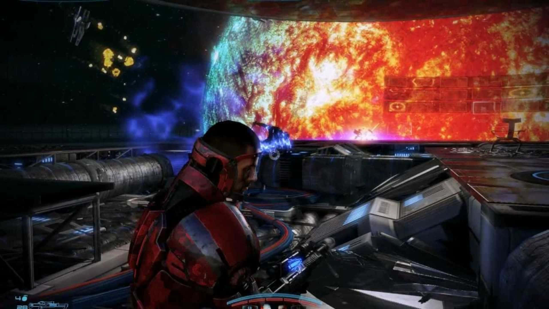 Mass Effect Cerberus 桌布 壁紙 — 一名身穿紅色盔甲的士兵站在未來太空站駕駛艙內，透過弧形觀景窗凝視著熾熱的星雲。