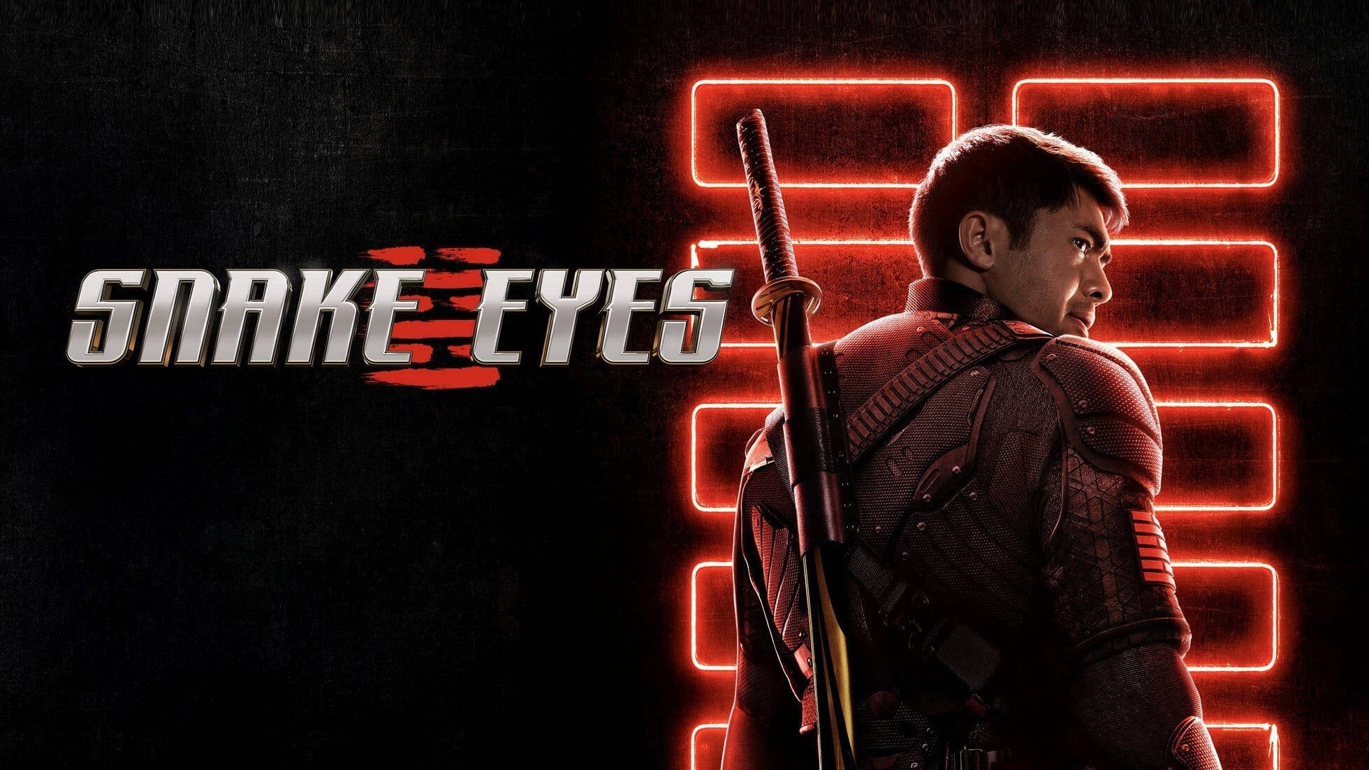 Eyes 桌布 壁紙 — 一名身穿紅色盔甲的忍者戰士，在黑暗背景中手持武士刀，對抗發光的紅色霓虹漢字。