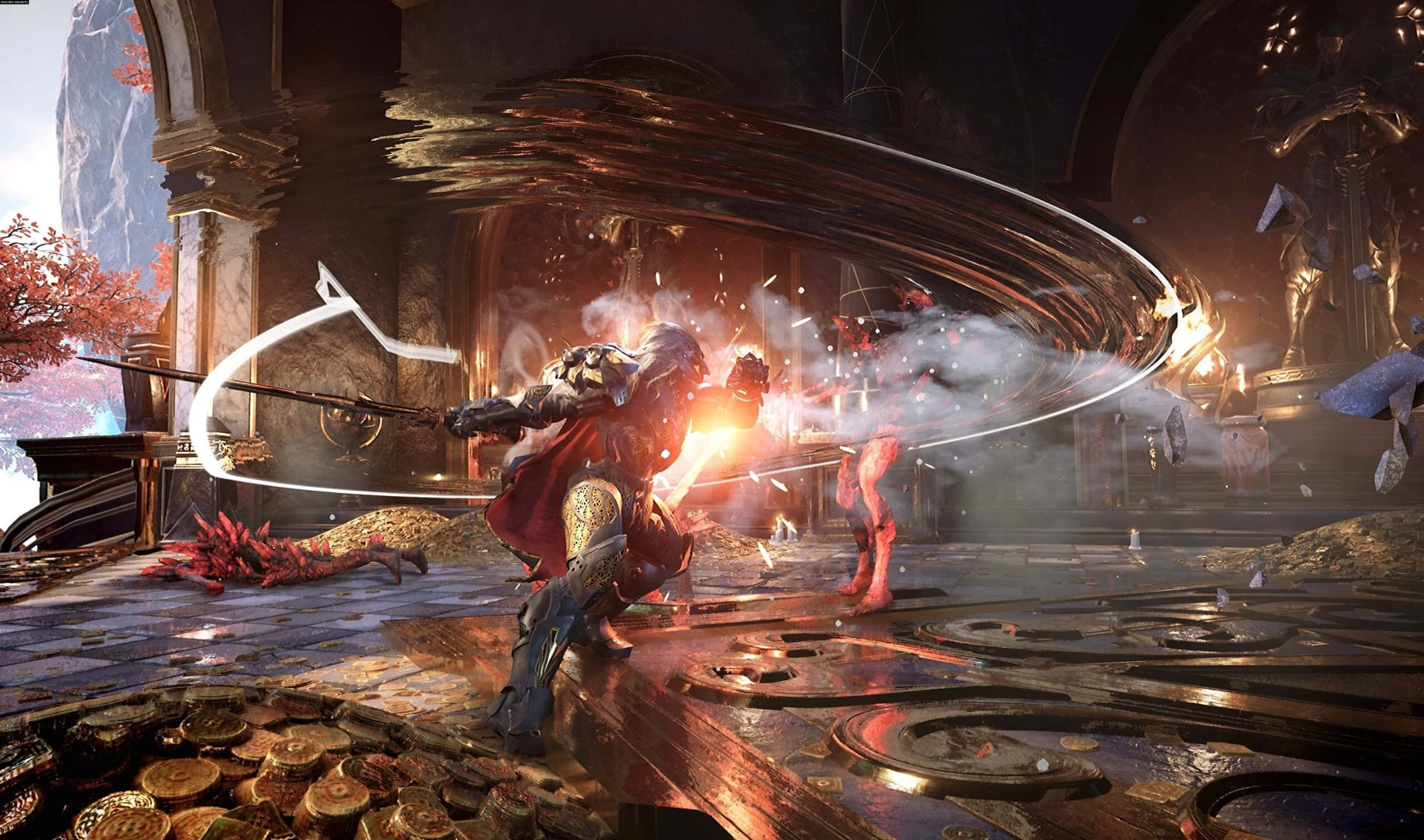 Sword Slash 桌布 壁紙 — 一名身穿紅色盔甲的戰士在一個充滿金幣和雕像的宏偉華麗大廳中揮舞著發光的劍。
