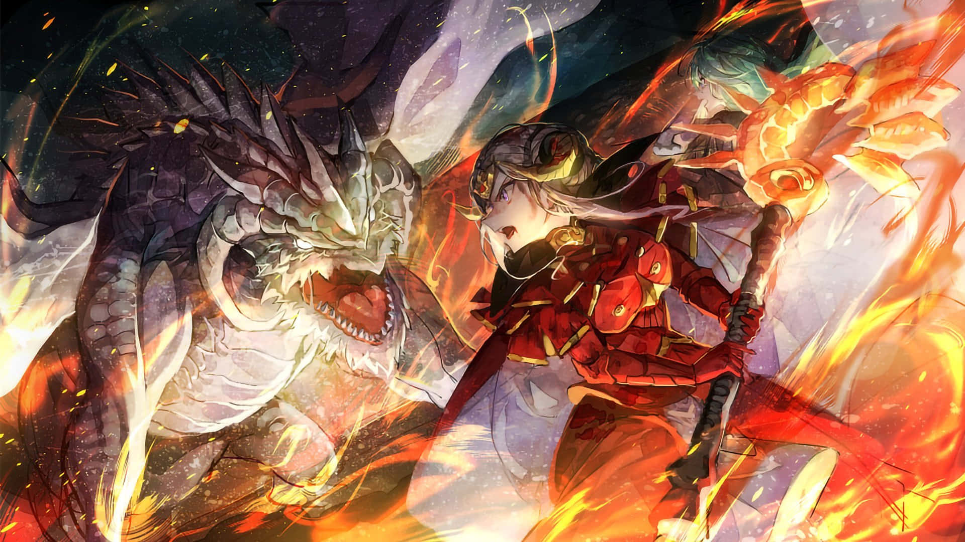 一名紅色盔甲戰士與被火焰和火花包圍的大龍戰鬥。 — Fire Emblem Warriors 壁紙