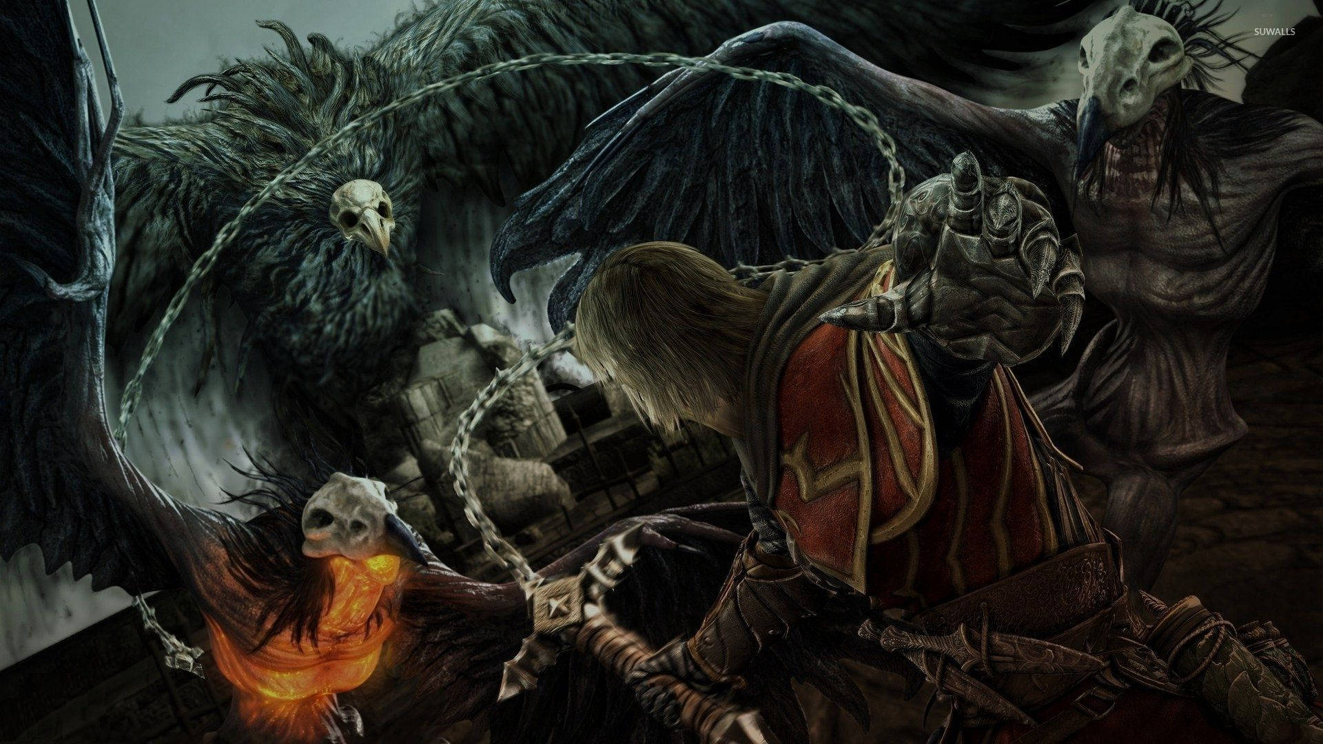 Castlevania 桌布 壁紙 — 一名身穿紅色盔甲的戰士在黑暗哥德式場景中與帶有發光頭骨和鎖鏈的骷髏鳥狀生物戰鬥。
