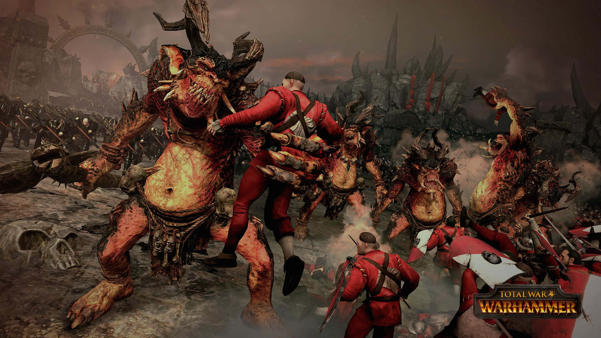 Best Total War Warhammer 桌布 壁紙 — 一名身穿紅色盔甲的戰士在黑暗天空下的陰沉戰場上與怪誕的惡魔生物戰鬥。