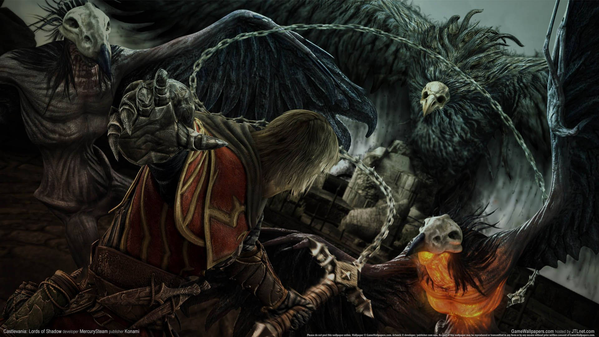 Castlevania 桌布 壁紙 — 一名身穿紅色盔甲的戰士在黑暗的哥德式廢墟中與擁有發光橙色眼睛的骷髏鳥戰鬥。