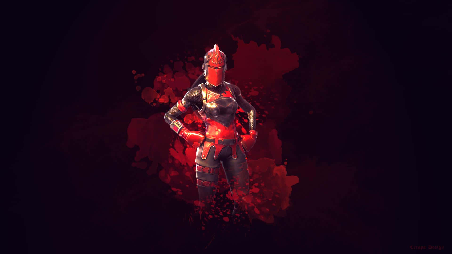 Fortnite Cool 桌布 壁紙 — 一名身穿紅色盔甲的戰士在黑暗背景上自信地站立，帶有紅色飛濺效果。