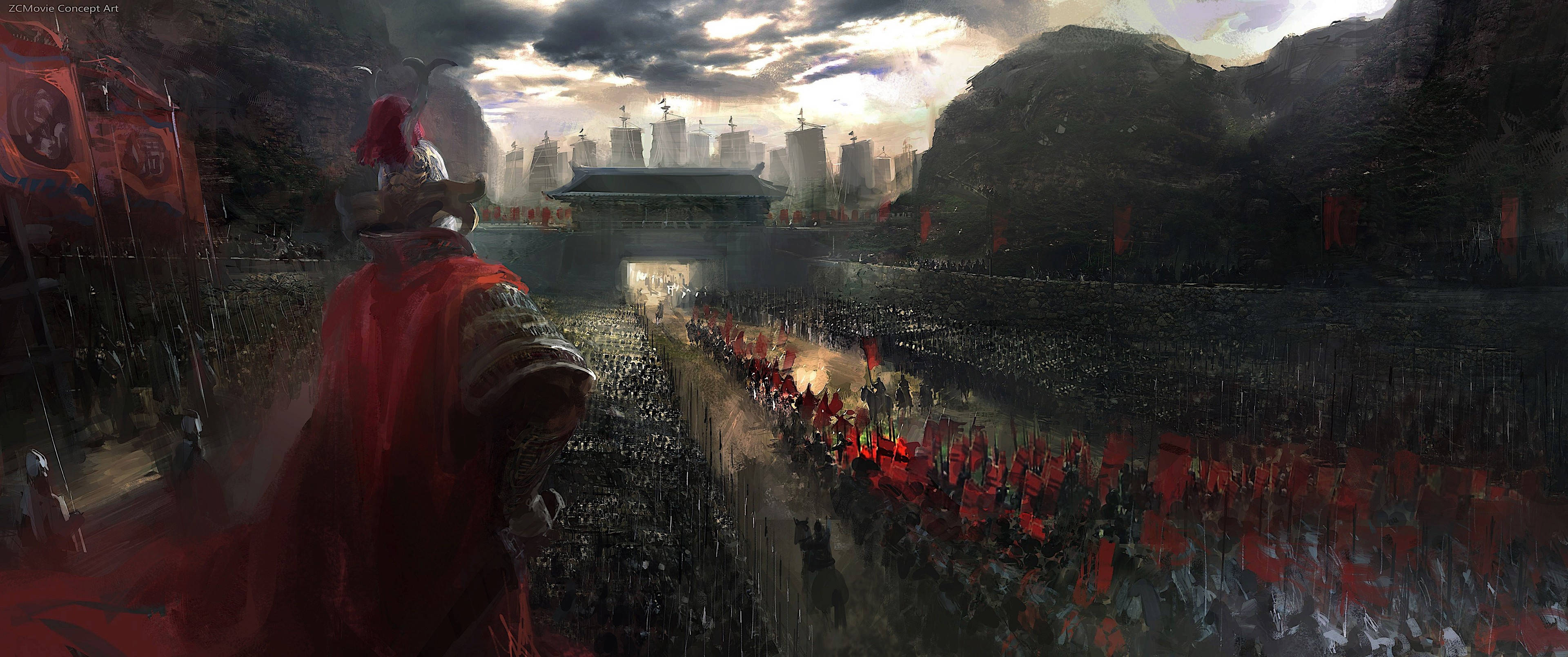 武士動畫 桌布 壁紙 — 一名身穿紅色盔甲的戰士站在山丘上，俯瞰著在暴風雨天空下向著遠處城門行進的龐大軍隊。