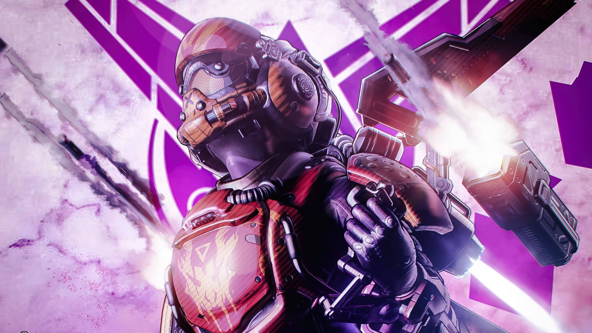 Cool Apex Legends 桌布 壁紙 — 一名身穿紅色盔甲的未來戰士，在充滿活力的紫色幾何背景前發射發光武器。