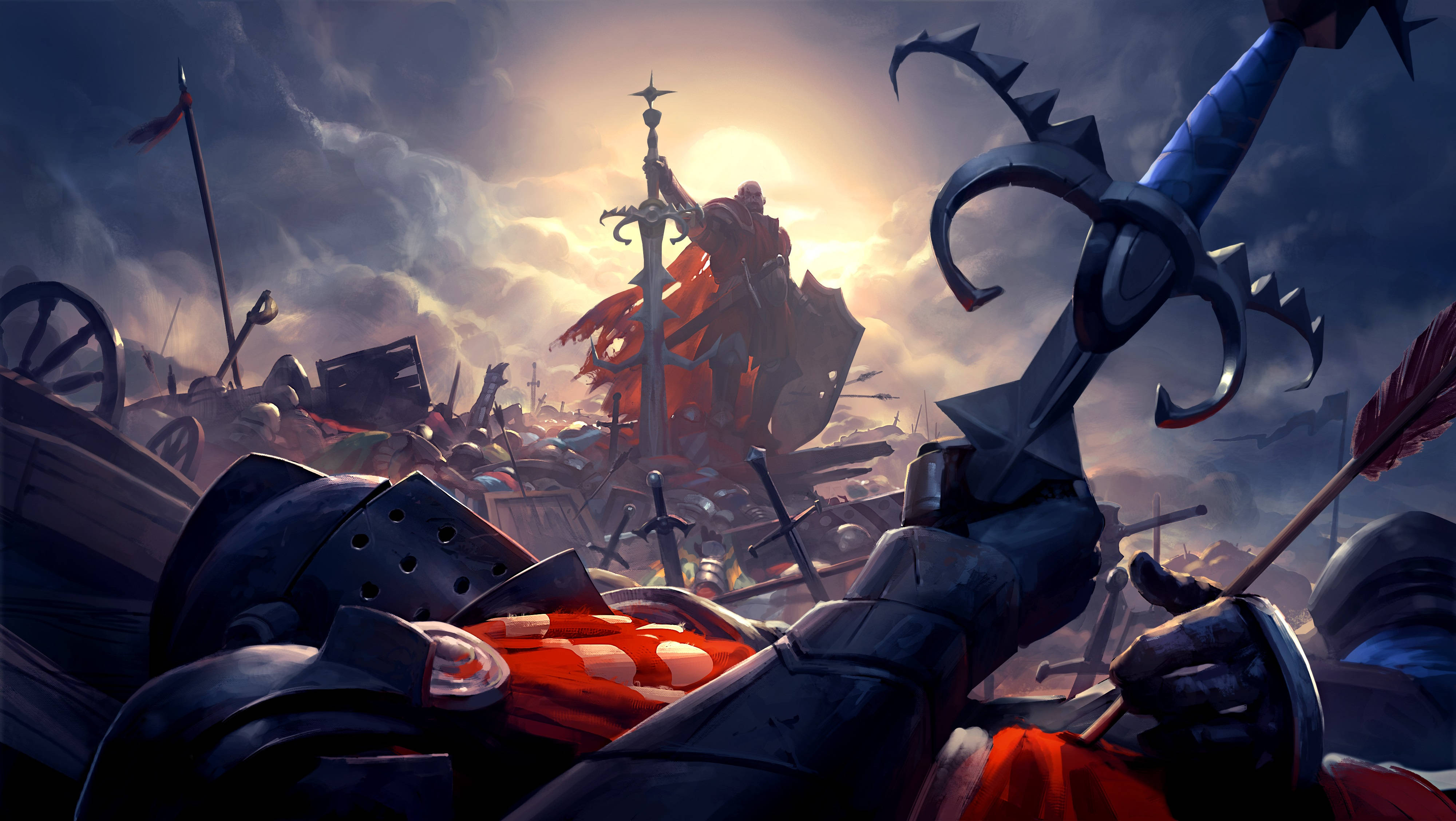 runescape 桌布 壁紙 — 一名身穿紅色盔甲的騎士站在佈滿斷劍和盾牌的戰場上，背後是暴風雨的天空和一輪發光的太陽。