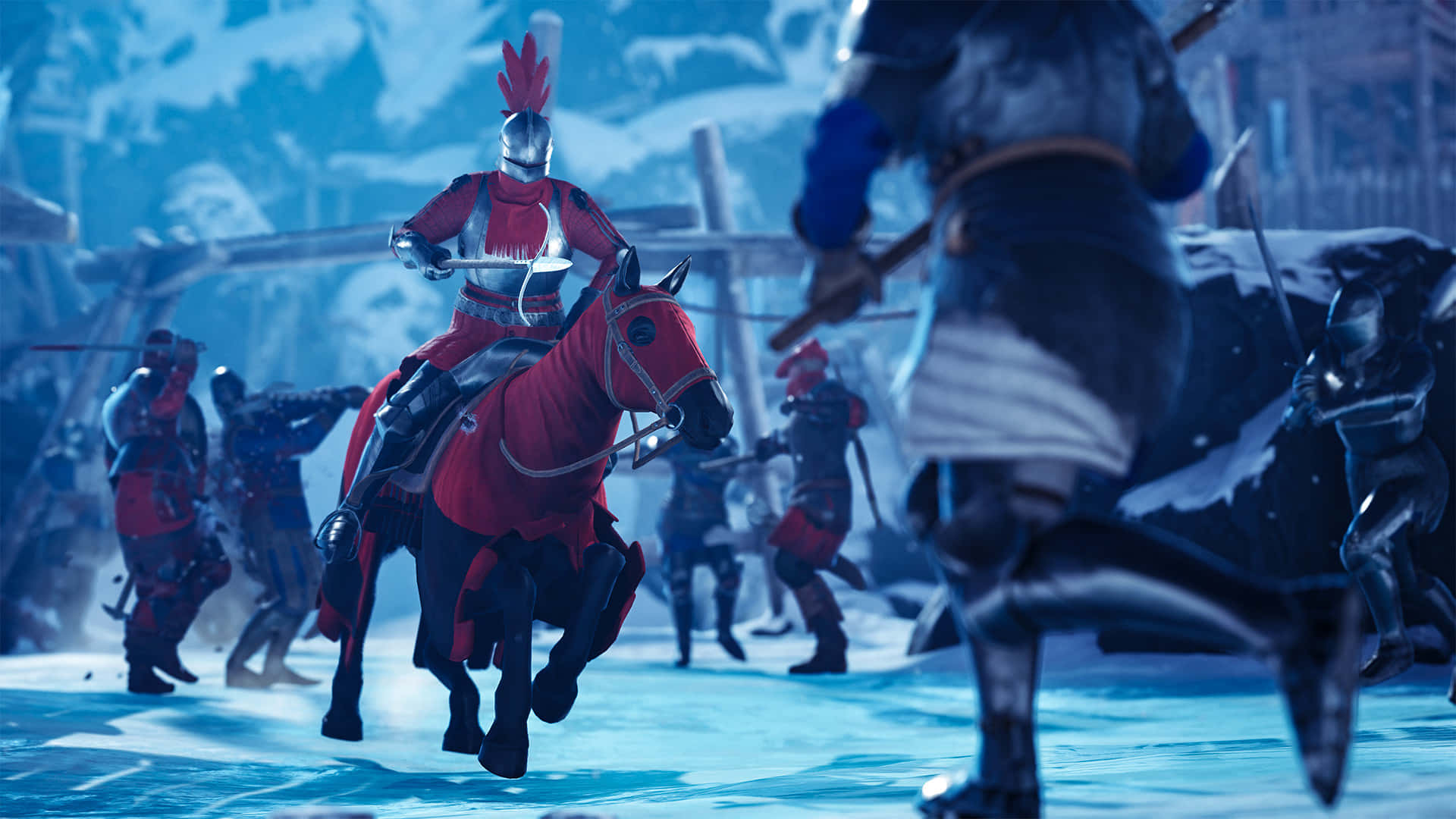 Mordhau 桌布 壁紙 — 一名身穿紅色盔甲的騎士騎著奔騰的馬匹穿過雪地戰場，背景中士兵們正在交戰。