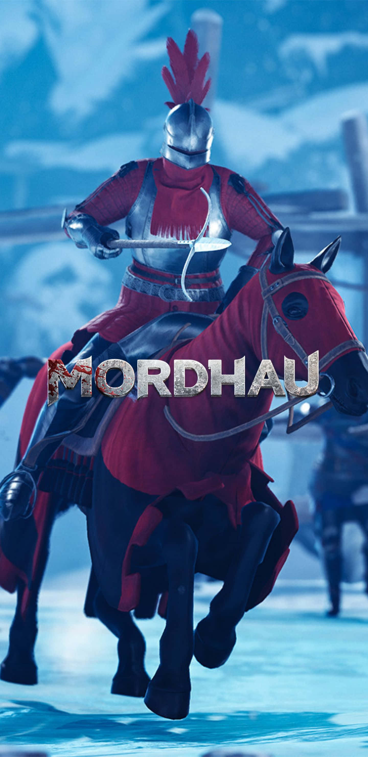 Pixel 3xl Mordhau 桌布 壁紙 — 一名身穿紅色盔甲的騎士騎著奔騰的馬匹，在寒冷的藍天下穿越白雪覆蓋的戰場。