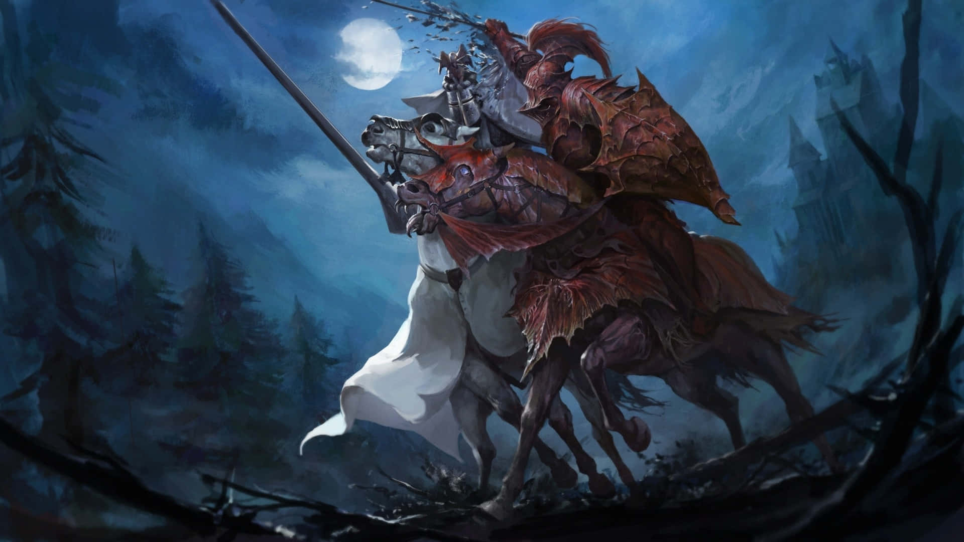 電玩遊戲 桌布 壁紙 — 一名身穿紅色盔甲的騎士騎著白馬穿過黑暗的森林，滿月投下詭異的陰影。