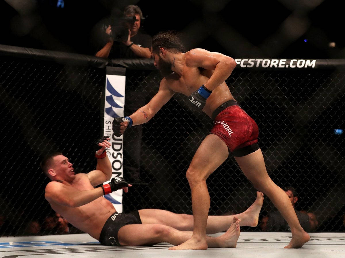 UFC 桌布 壁紙 — 一名身穿紅色短褲的拳手在UFC八角籠內向地面上的對手施以強力膝擊。