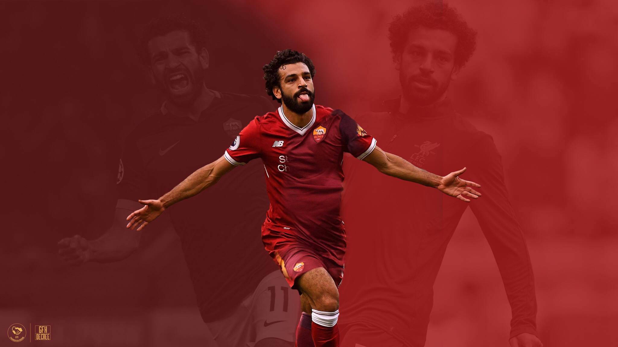 Salah 桌布 壁紙 — 一名身穿紅色羅馬球衣的足球員張開雙臂慶祝，背景為紅色調，帶有模糊的鬼影人物。