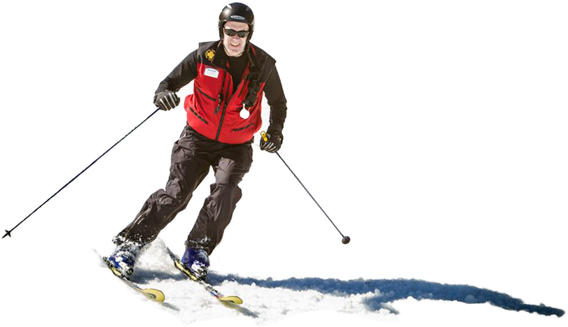 ski 桌布 壁紙 — 一名身穿紅色背心和黑色裝備的滑雪者，在明亮的白色背景下，用雪杖劃過積雪。