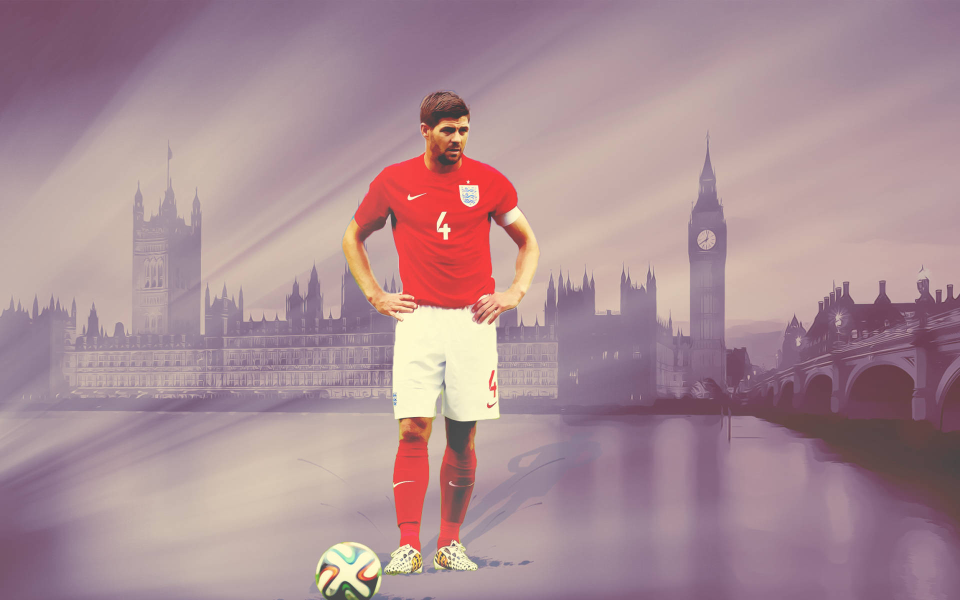 Steven Gerrard 桌布 壁紙 — 一名身穿紅色英格蘭球衣的足球員自信地雙手叉腰站在足球旁邊，背景是風格化的倫敦天際線，包括大笨鐘和國會大廈。