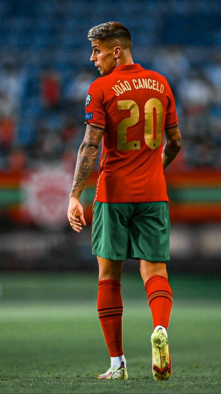 Portugal 桌布 壁紙 — 一名身穿紅色葡萄牙球衣、背號20的足球員在球場燈光下於綠色草地上走開。