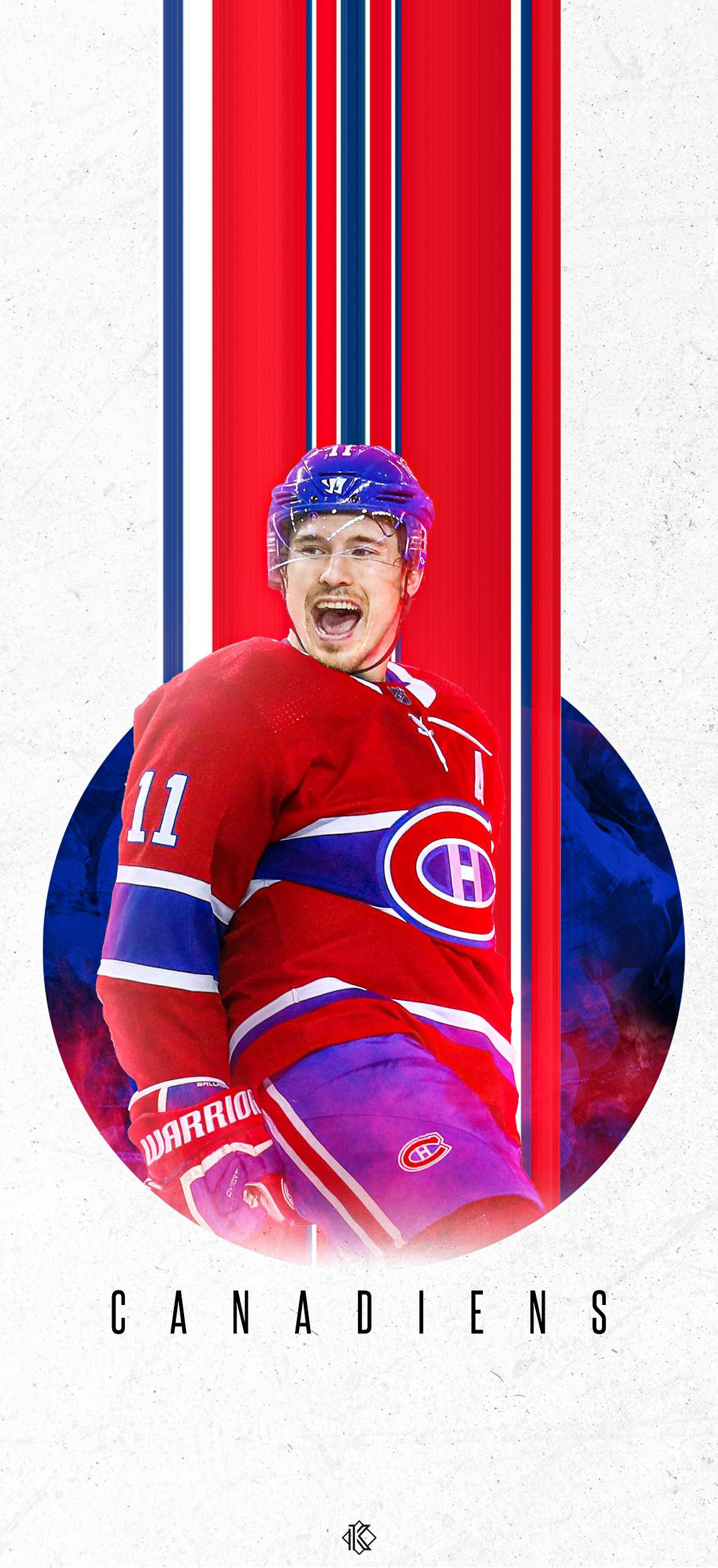 Canadiens 桌布 壁紙 — 一名身穿紅色蒙特婁加拿大人隊球衣的冰球運動員，在鮮明的紅、藍、白條紋背景前發出勝利的怒吼。