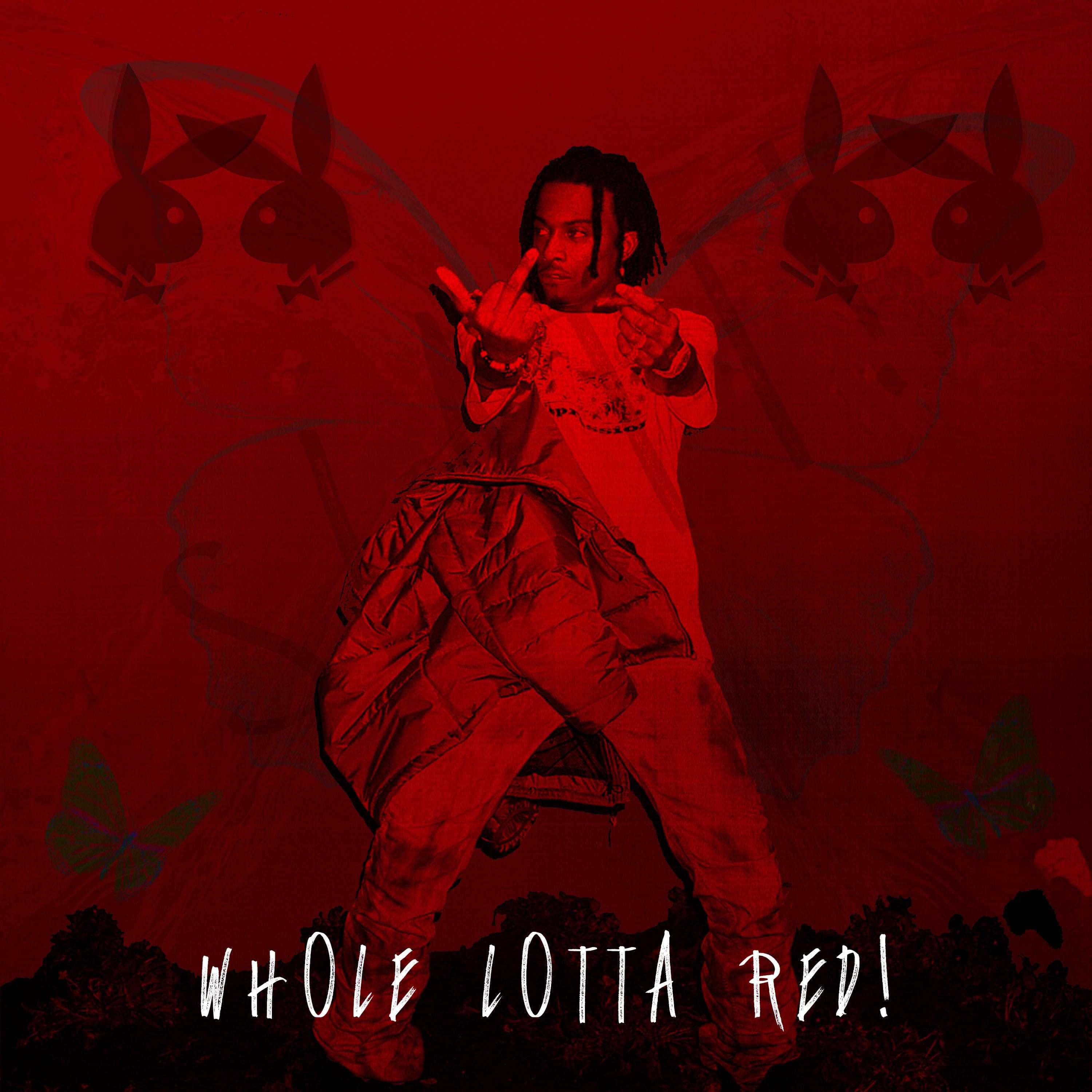 Playboi Carti HD 桌布 壁紙 — 一名身穿紅色街頭服飾的男子，在深紅色背景前自信地擺姿勢，背景有Playboy兔女郎剪影和蝴蝶。