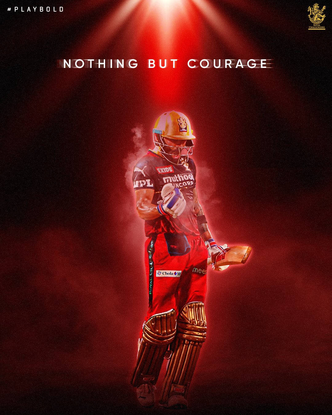royal challengers bangalore 桌布 壁紙 — 一名身穿紅色裝備的板球運動員站在戲劇性的紅色聚光燈下，煙霧在他周圍旋轉。