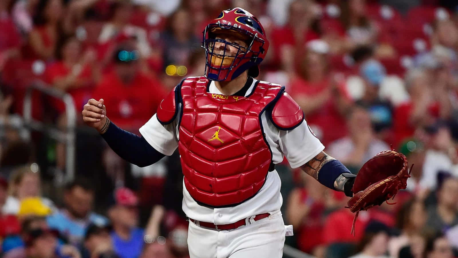 Yadier Molina 桌布 壁紙 — 一名身穿紅色裝備的棒球捕手在體育館內歡呼的人群中舉起拳頭慶祝。