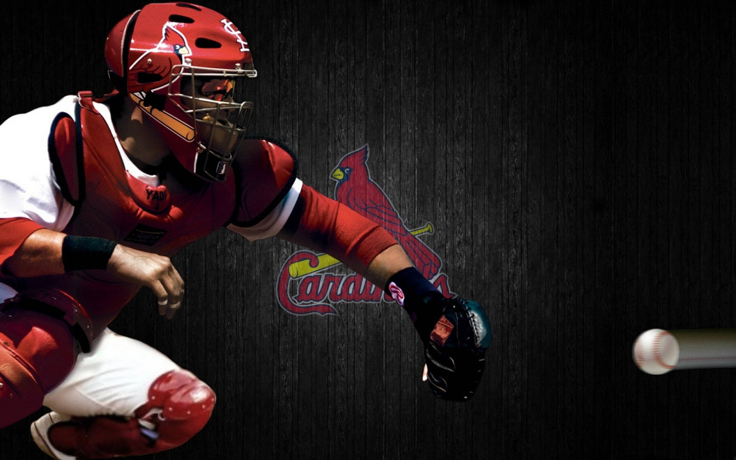 Cardinals 桌布 壁紙 — 一名身穿紅色裝備的棒球捕手蹲下準備接球，背景是帶有紅雀隊標誌的深色木牆。