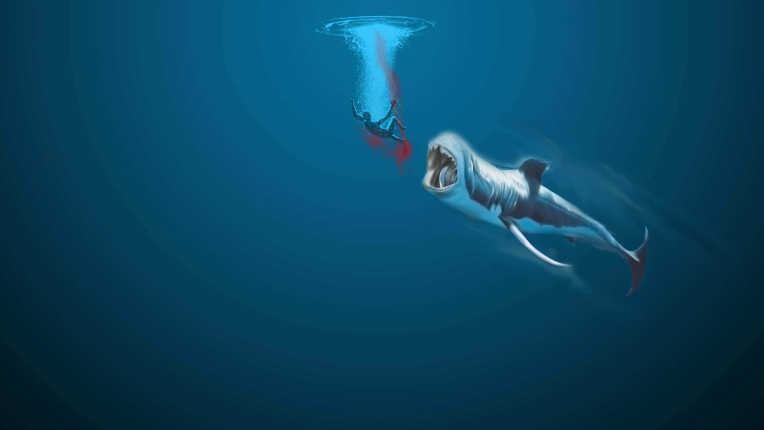 Swimming 桌布 壁紙 — 一名身穿紅色裝備的潛水員被旋轉的漩渦向上拉，而一條巨大的鯊魚在下方張開血盆大口猛撲過來。
