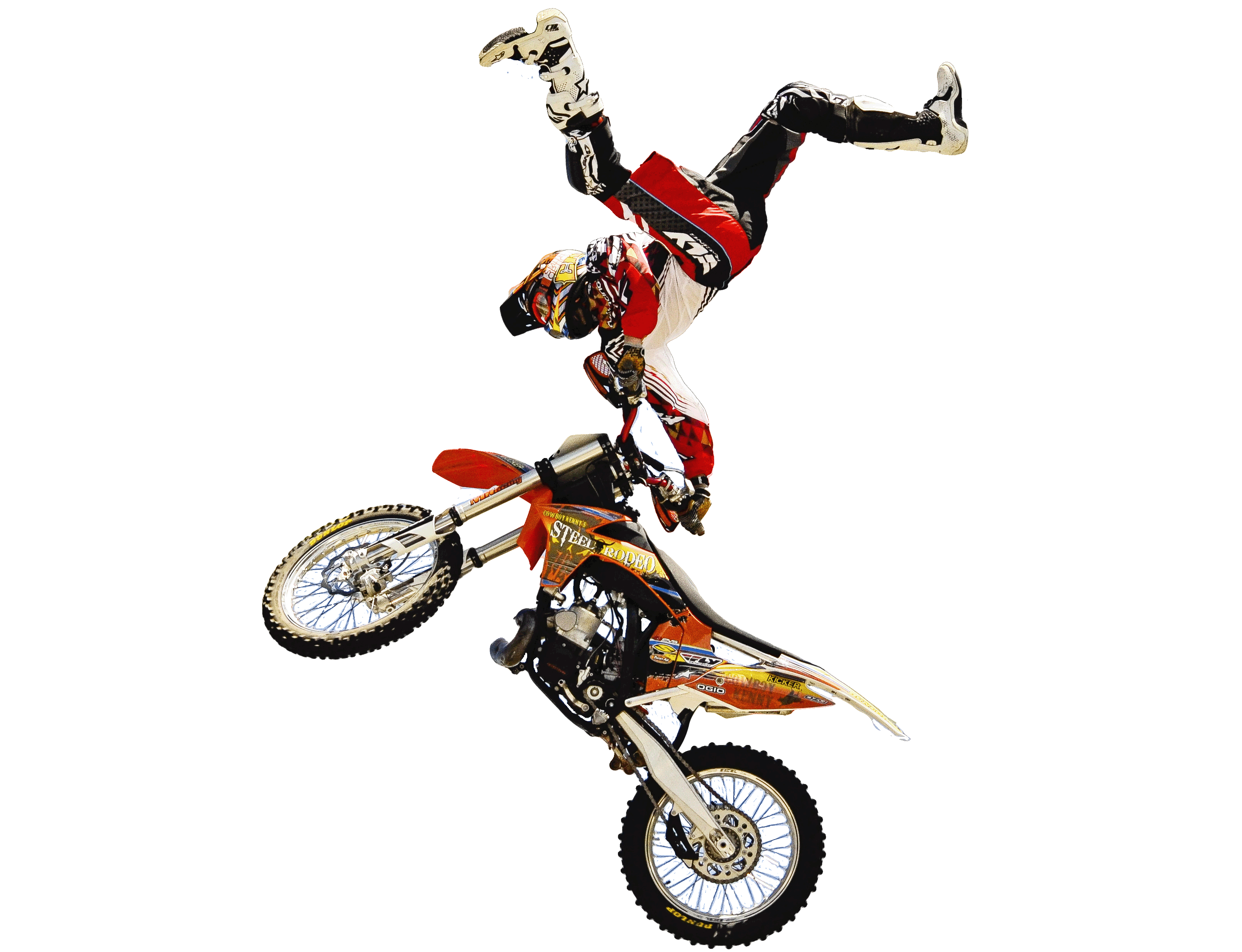 Motocross 桌布 壁紙 — 一名身穿紅色裝備的越野摩托車手在純白背景上表演倒轉空中特技。