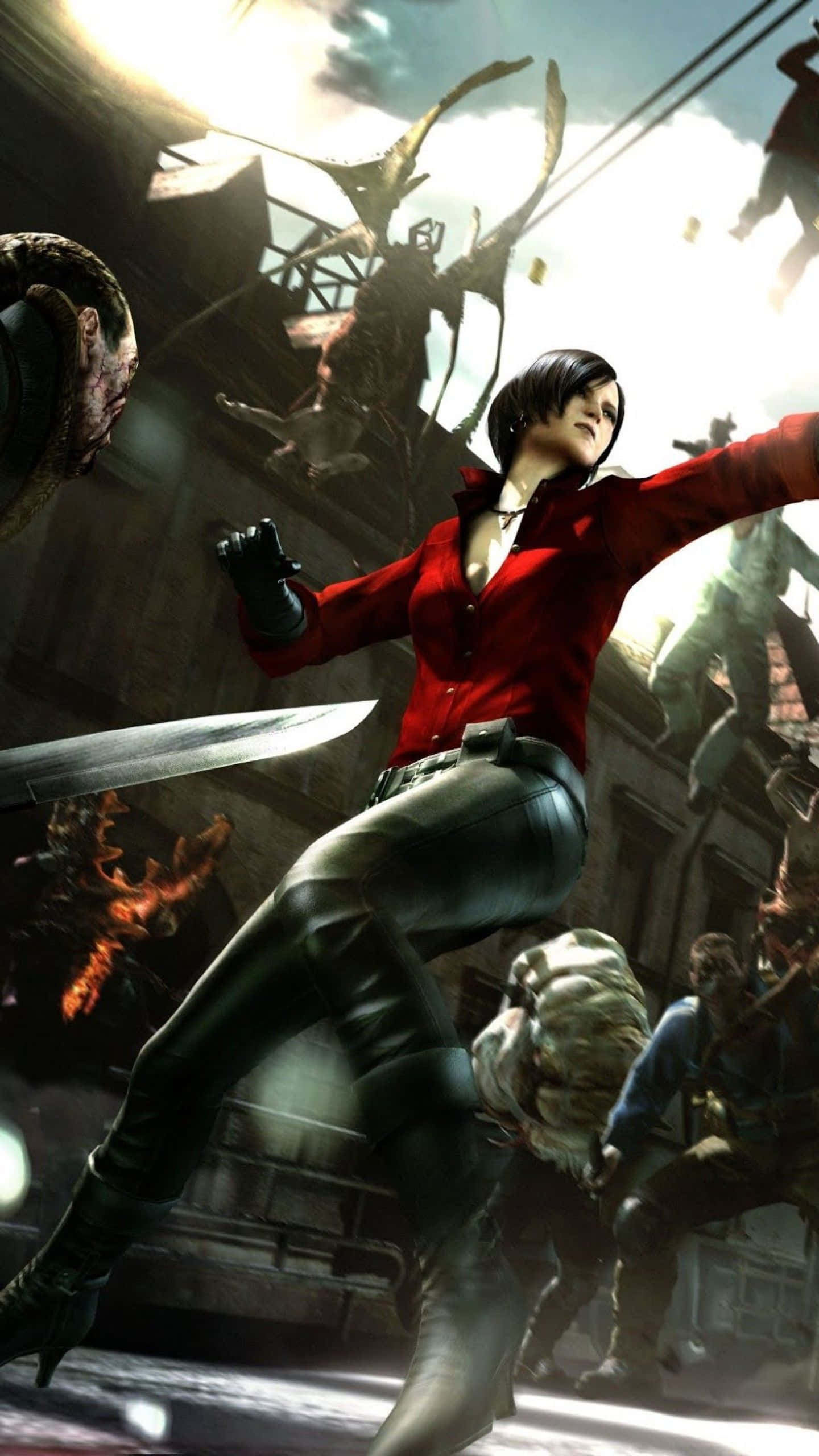 Resident Evil iPhone 桌布 壁紙 — 一名身穿紅色襯衫和黑色褲子的女性，在怪物襲擊的廢墟城市環境中，揮舞著一把大刀，動態地跳躍。