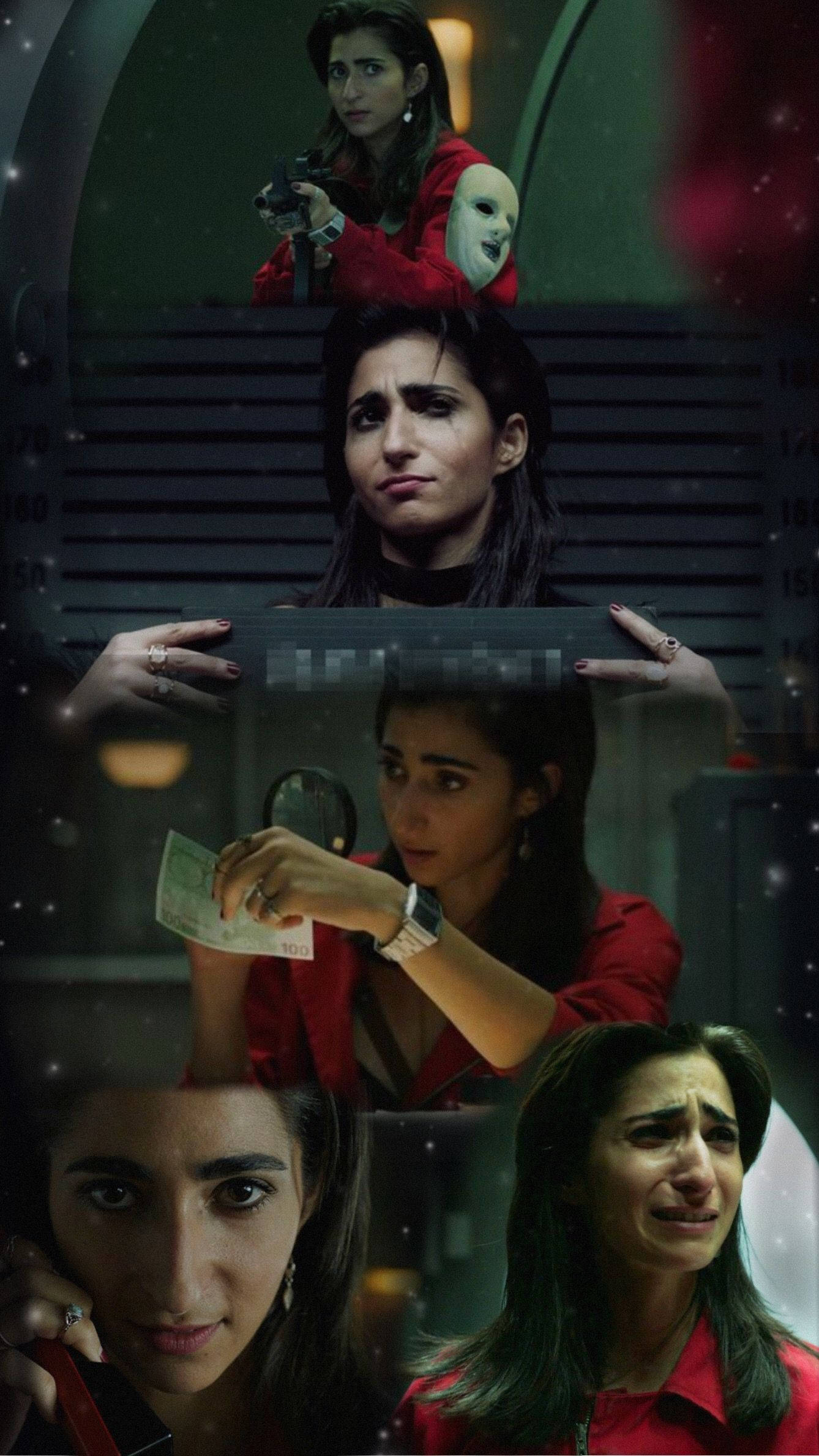 nairobi money heist 桌布 壁紙 — 一名身穿紅色襯衫的女性在多種情緒狀態下被展示，包括持槍、數錢和在昏暗的工業環境中哭泣。