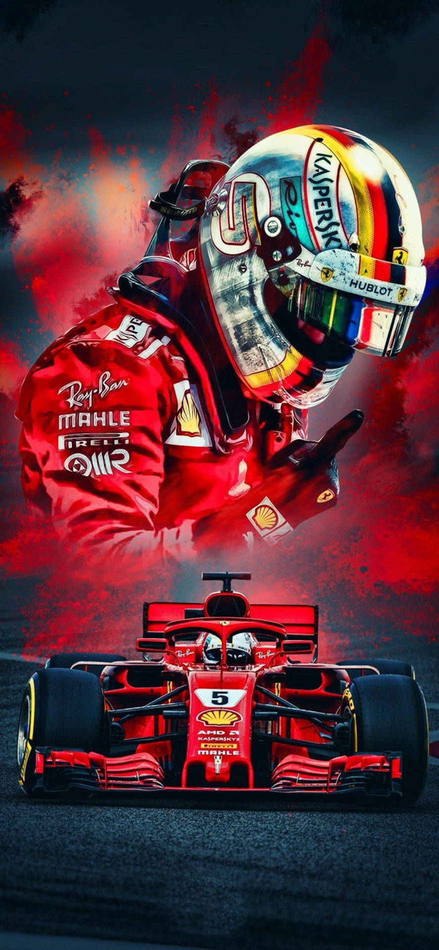 身穿紅色裝備的F1車手指向他紅色賽車的上方。
