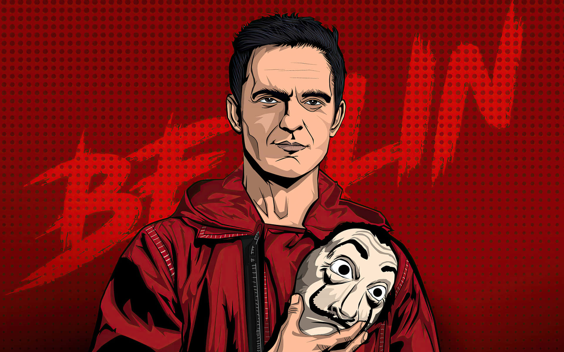 Money Heist Mask 桌布 壁紙 — 一名身穿紅色連帽衫的男子，在帶有 'BERLIN' 塗鴉的醒目紅色半色調背景前，手持白色達利面具。