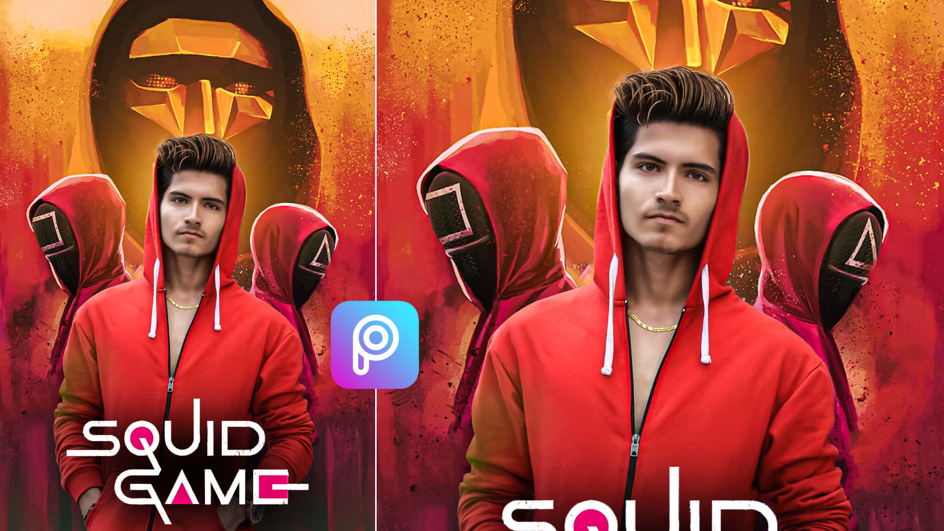 Squid Game 桌布 壁紙 — 一名身穿紅色連帽衫的男子站在戴面具的人物面前，背景是火紅的橙色和紅色，並帶有「Squid Game」文字。