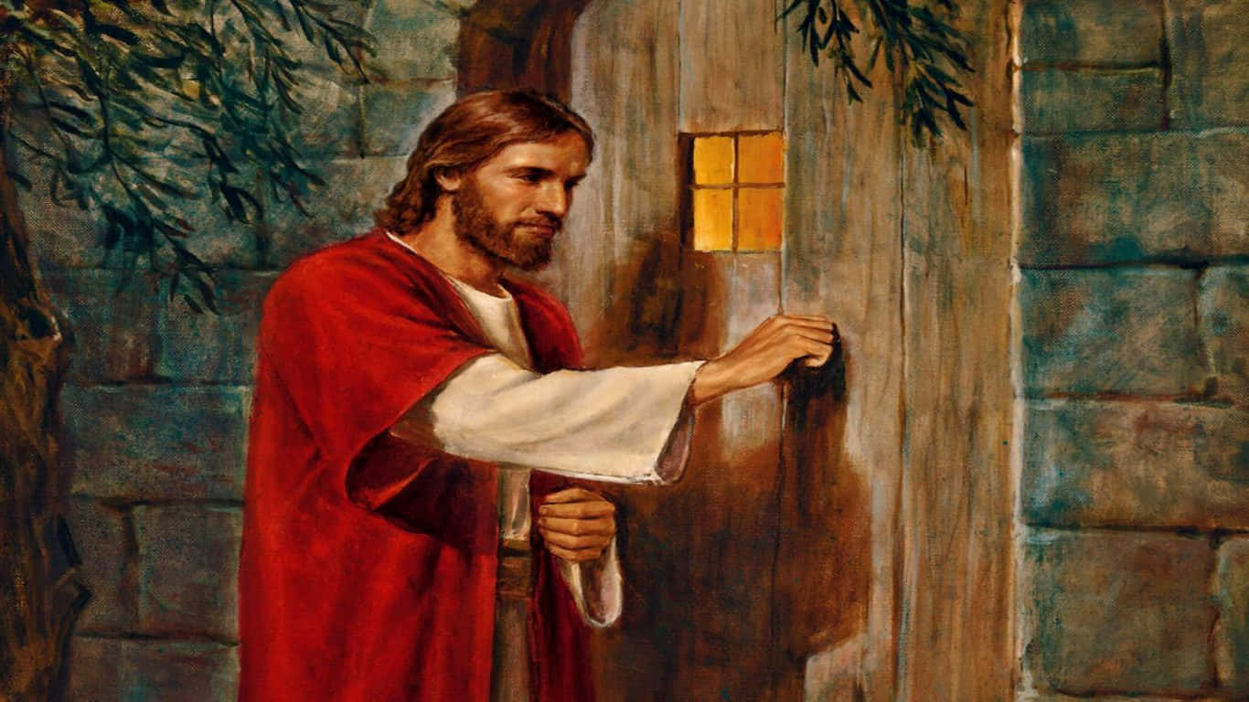 Jesus iPhone 桌布 壁紙 — 一名身穿紅色長袍的男子敲擊石牆上的木門，背後有一扇發光的窗戶。