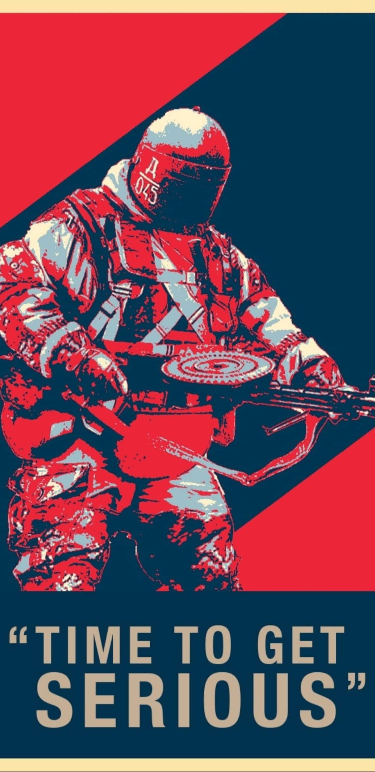 Pixel 3xl Rainbow Six Siege 桌布 壁紙 — 一名身穿紅藍裝備的風格化士兵，在帶有 'TIME TO GET SERIOUS' 文字的醒目對角線背景前手持武器。