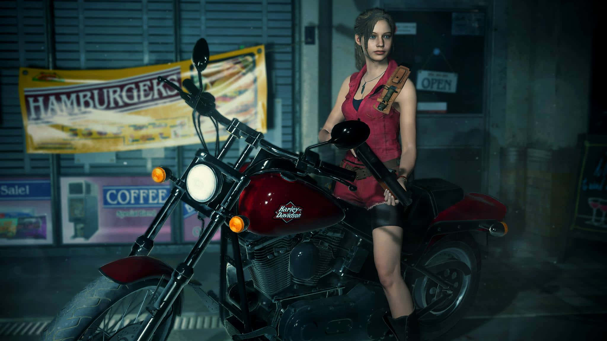 Resident Evil 2 桌布 壁紙 — 一名身穿紅衣的女子在夜晚坐在一間燈光昏暗的漢堡店外，擺姿勢騎在一輛紅色哈雷戴維森機車上。