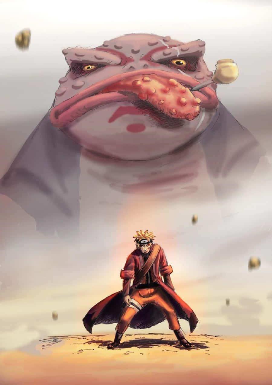 Naruto Sage Mode 桌布 壁紙 — 一名身穿紅衣的年輕忍者挑釁地站在一隻拿著煙斗的巨大蟾蜍面前，灰塵在戲劇性的動漫戰鬥場景中旋轉。
