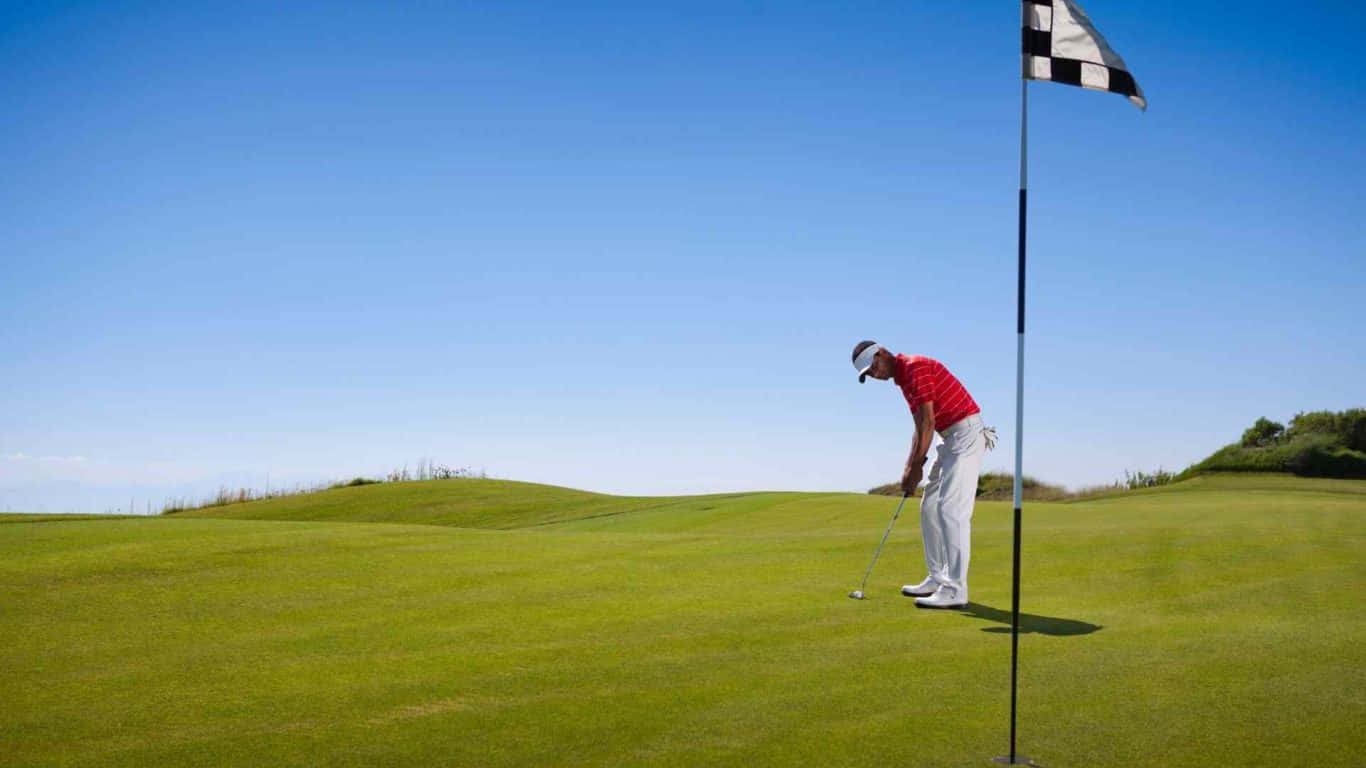 1366x768 Golf Course 桌布 壁紙 — 一名身穿紅衫白褲的高爾夫球手在晴朗藍天下，於陽光普照的果嶺上瞄準推桿，附近有一面格子旗。