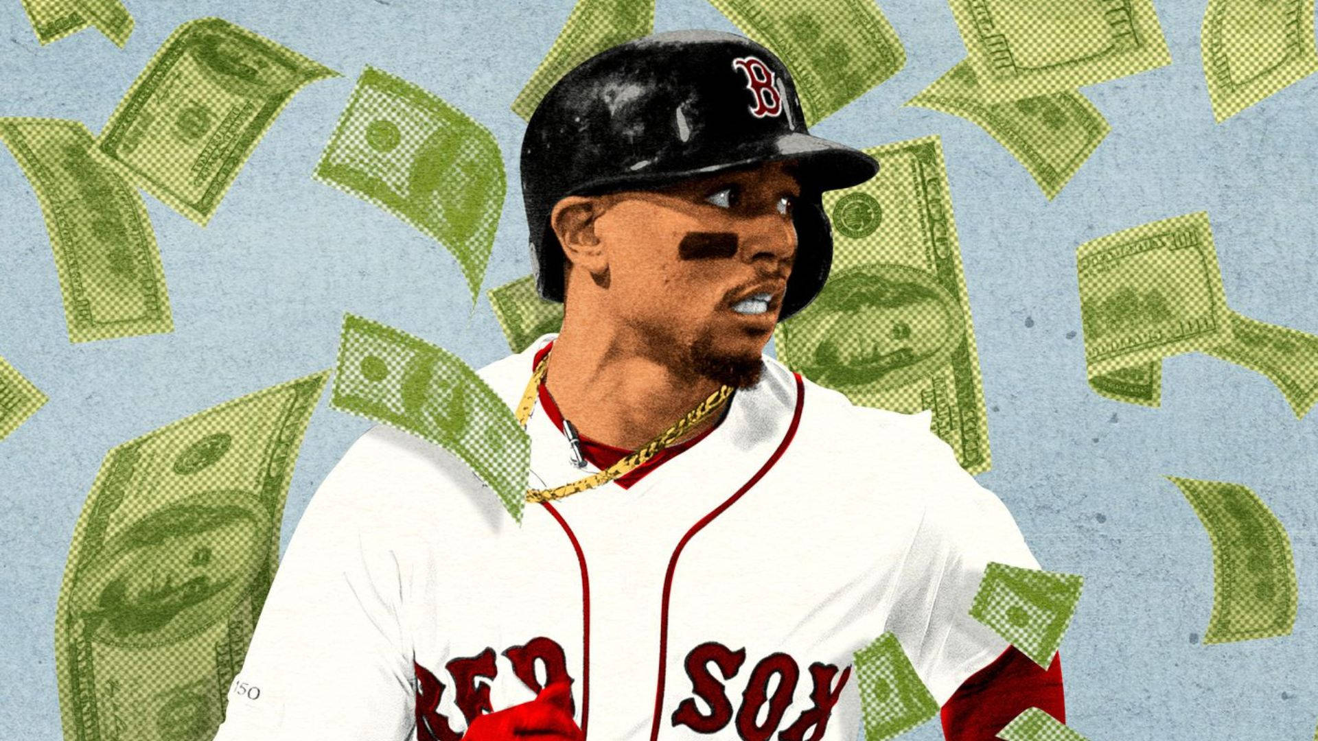 Mookie Betts 桌布 壁紙 — 一名身穿紅襪隊球衣的棒球選手，站在有紋理的藍色背景前，周圍散落著綠色的美元鈔票。
