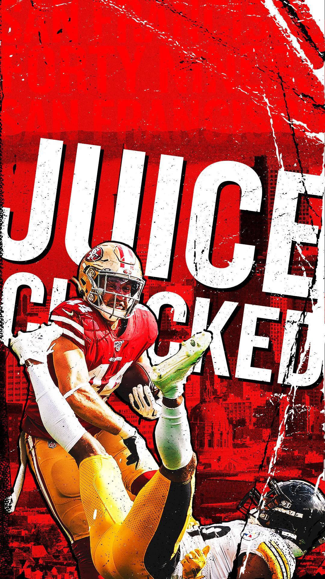 49ers 桌布 壁紙 — 一名身穿紅金色球衣的動感足球員跳過防守球員，背景為大膽的紅色紋理，並有大型白色文字。