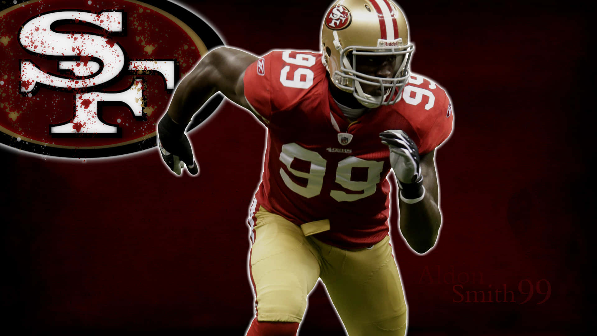 49ers 桌布 壁紙 — 一名身穿紅金色球衣的舊金山四九人美式足球員在深紅色背景上動態奔跑，背景有球隊標誌。