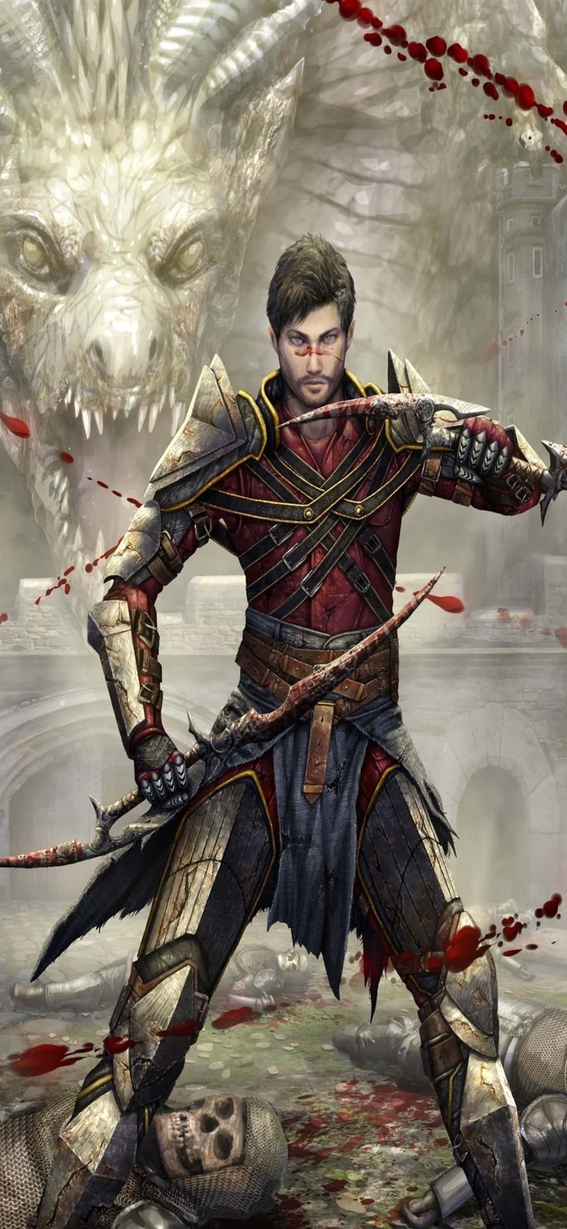 iPhone Xs Dragon Age Inquisition 桌布 壁紙 — 一名身穿紅金鎧甲的戰士，在廢墟城堡中挑釁地揮舞著血劍，面對著逼近的惡魔野獸。
