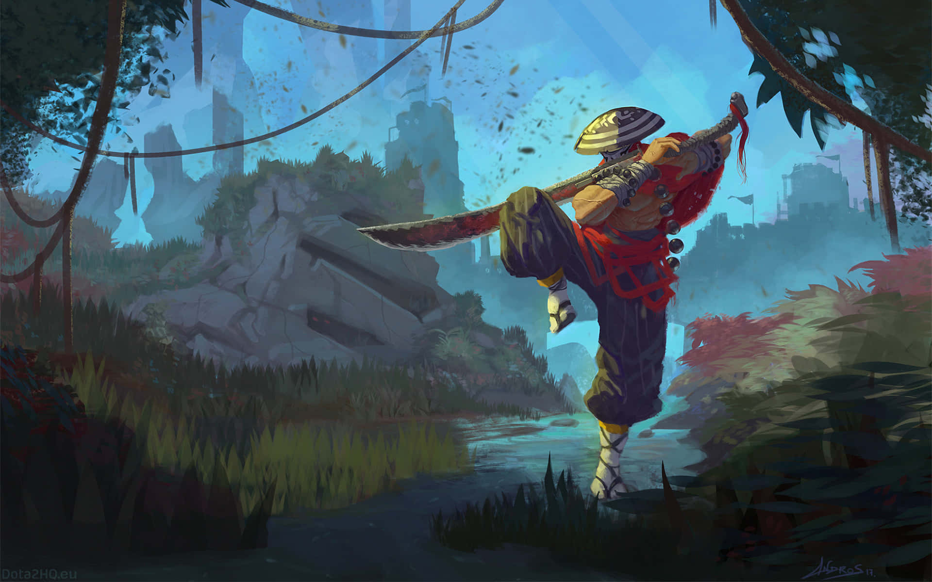 電玩遊戲 桌布 壁紙 — 一名身穿紅金鎧甲的戰士，手持巨劍，躍過煙霧瀰漫的叢林溪流，背後是古老的廢墟。
