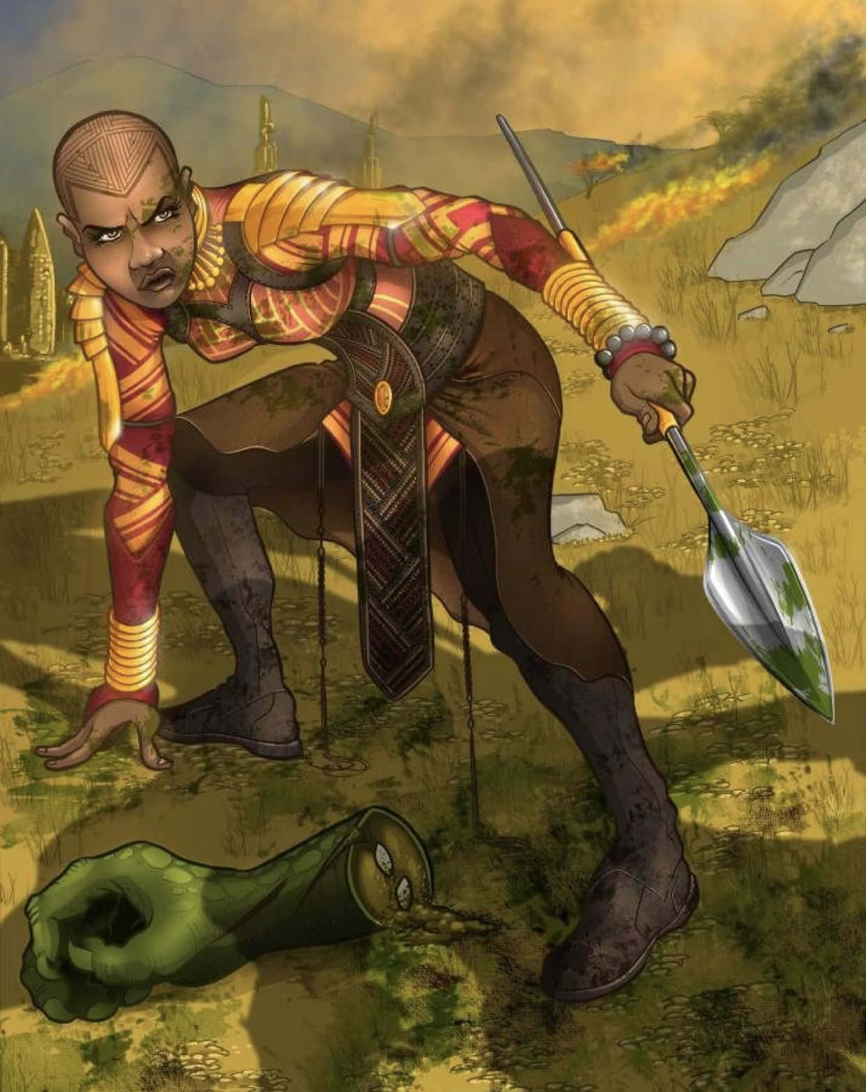 Dora Milaje 桌布 壁紙 — 一名身穿紅金鎧甲的戰士蹲在燒焦的田野中，手持長矛，旁邊有一隻倒下的綠色皮膚生物。