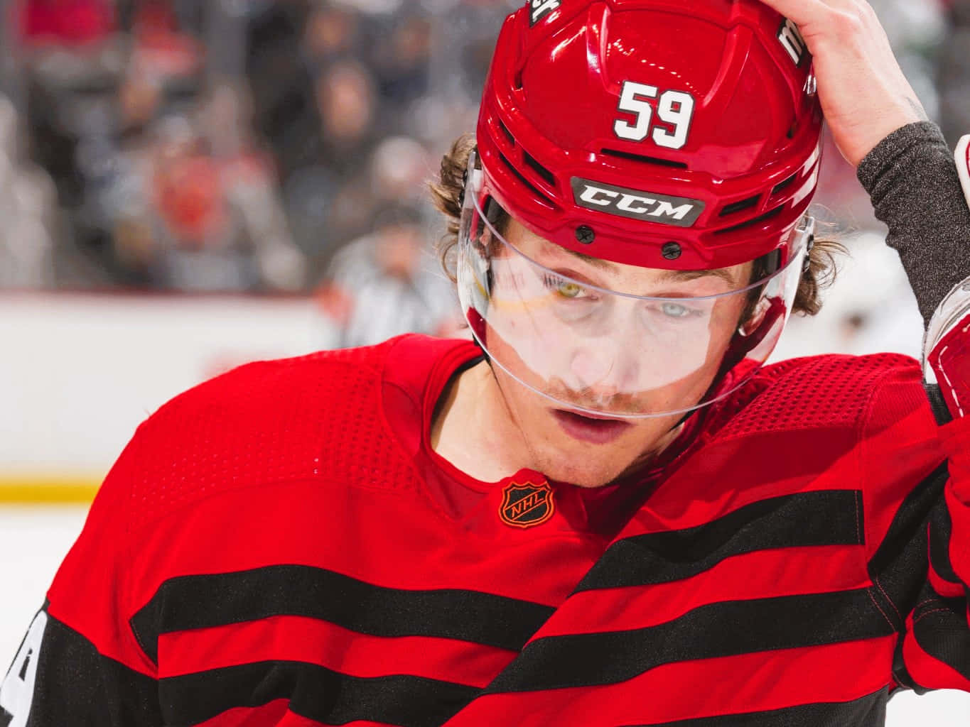 Tyler Bertuzzi 桌布 壁紙 — 一名身穿紅黑制服、號碼59的冰球運動員在冰上低頭觸摸頭盔。