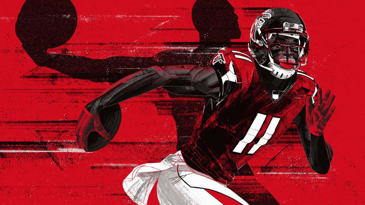 Julio Jones 桌布 壁紙 — 一名身穿紅黑球衣的動感插畫足球員，在鮮紅色背景上向前衝刺，帶有動態模糊效果。