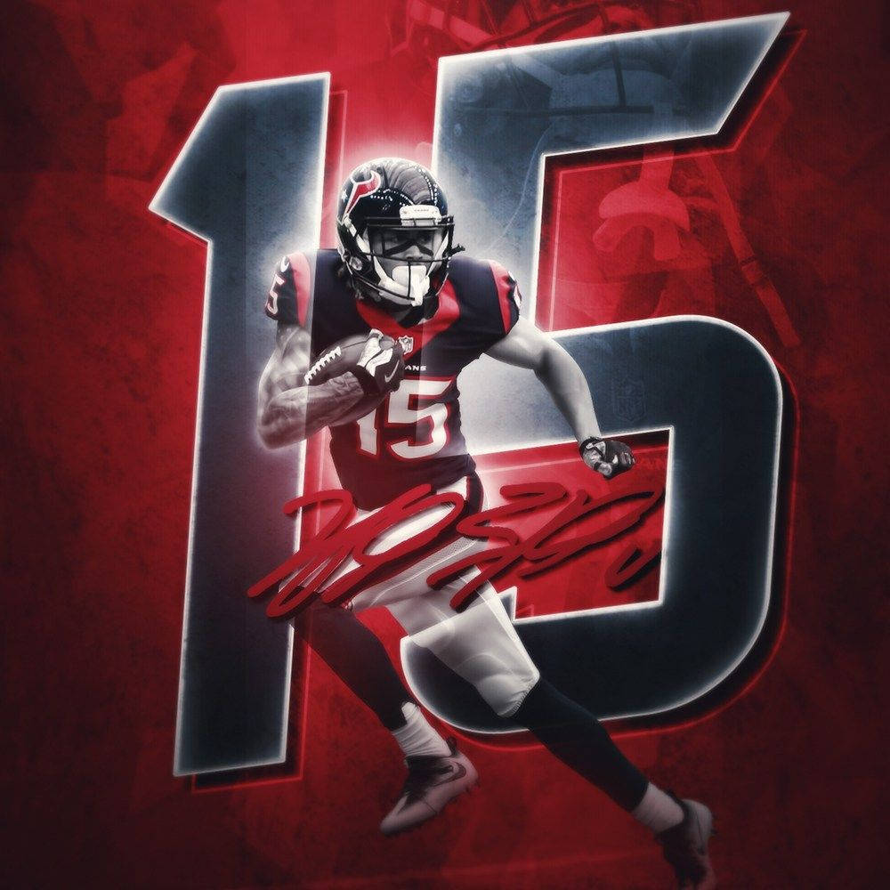 Texans 桌布 壁紙 — 一名身穿紅黑球衣的足球員，在紋理紅色背景上，帶著被發光數字15框住的球奔跑。