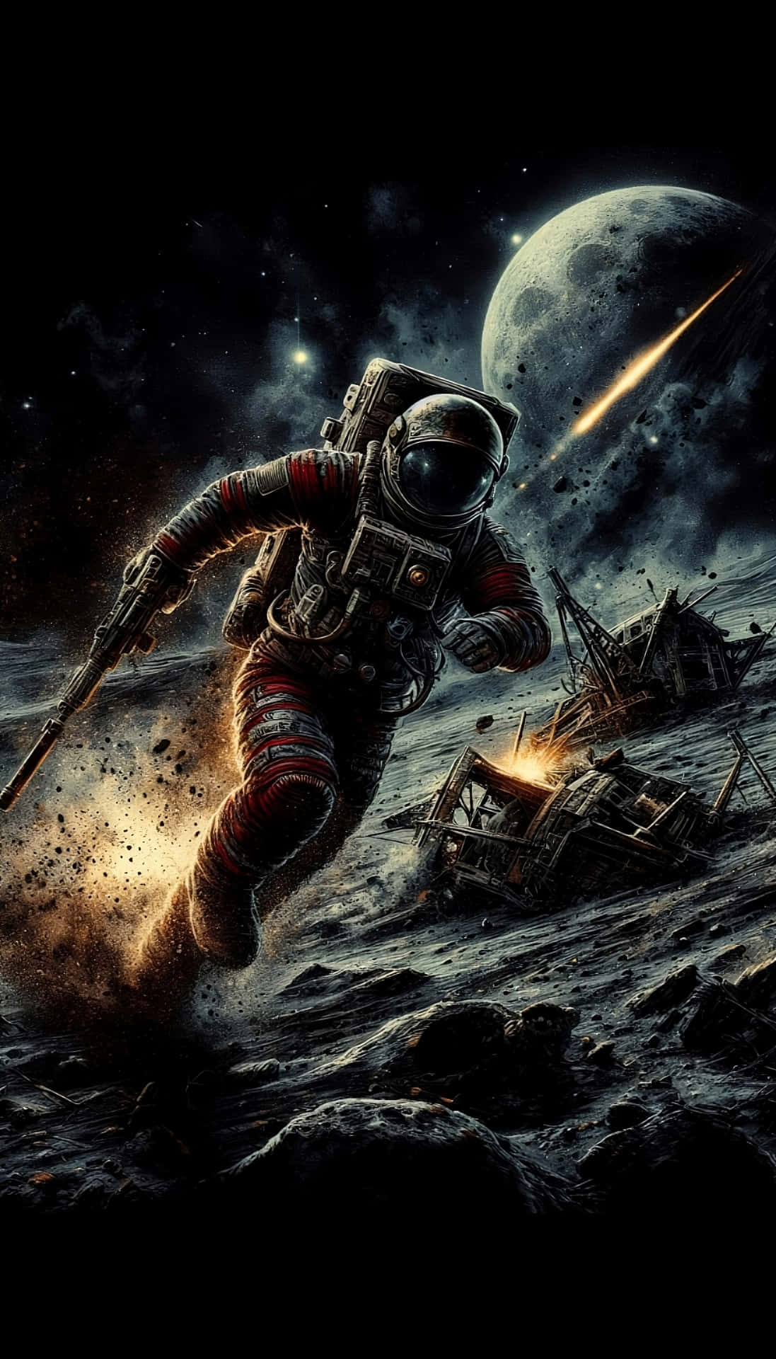 Battlefield in the Lunar 壁紙 — 一名身穿紅黑色太空衣的太空人在岩石外星景觀中奔跑，附近有一艘墜毀燃燒的飛船，星空中有巨大的月亮。
