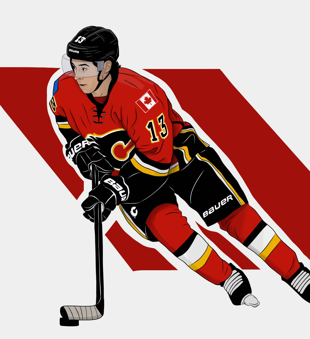 Cartoon 桌布 壁紙 — 一名身穿紅黑裝備、球衣上印有13號和加拿大國旗的曲棍球運動員，在鮮紅色的對角線背景前動態蹲下。
